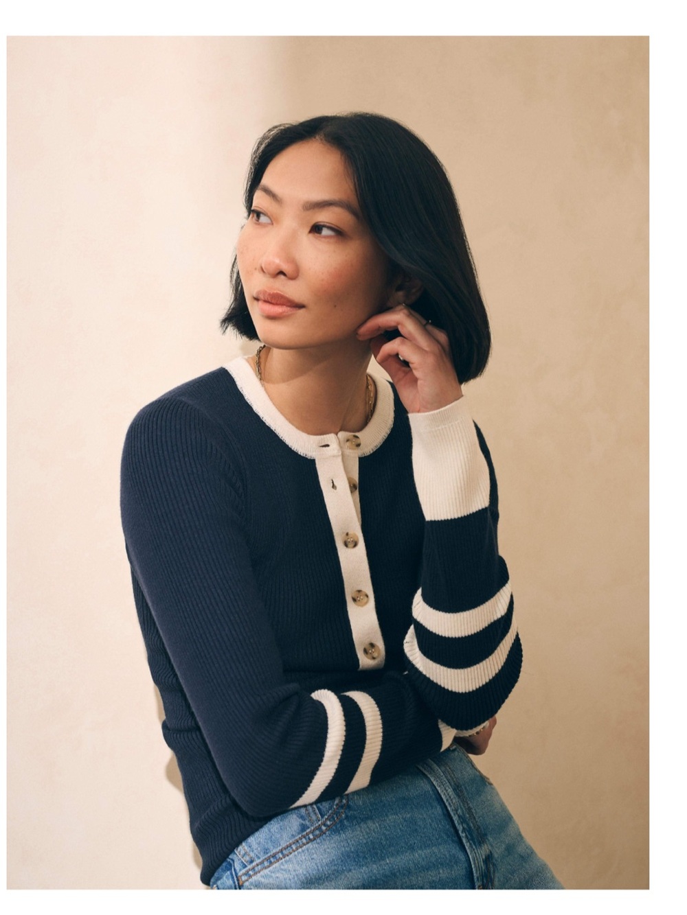 Faherty Navy and White Striped Long Sleeve Ribbed Tee. Mikki Henley